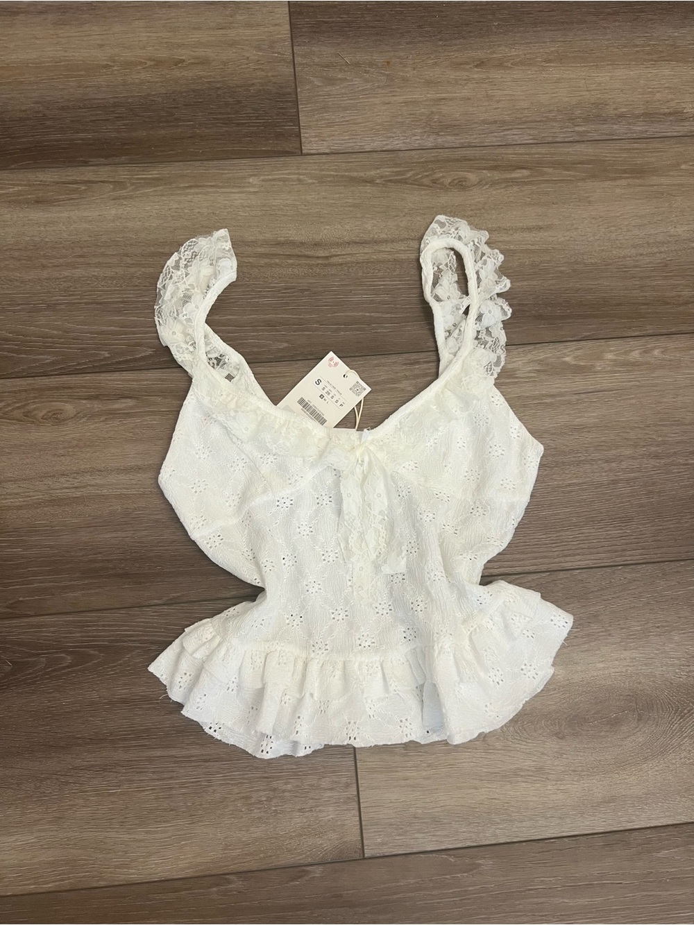 Zara White Eyelet Lace Ruffle Camisole
